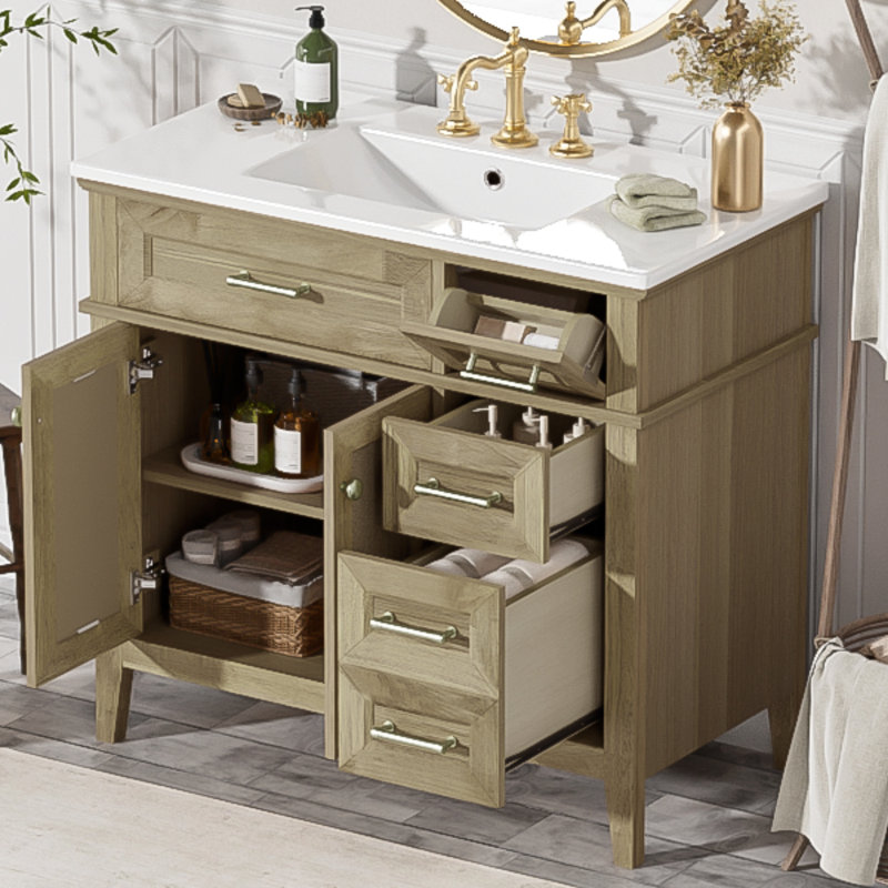 Meuble-lavabo 36 po avec lavabo en céramique, structure en bois d'hévéa, 2 portes à fermeture douce, 1 tiroir rabattable, 1 tiroir peu profond, 1 tiroir profond, tablette réglable