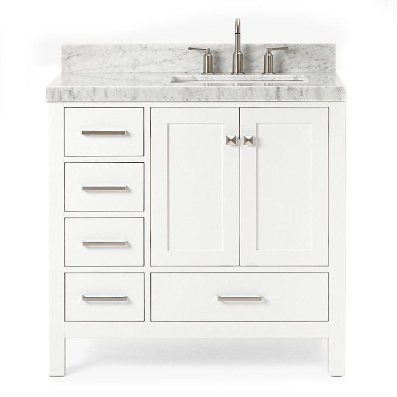 Ariel Cambridge 36 In. Right Offset Vanity With 2 In. Carrara Marble Countertop, White