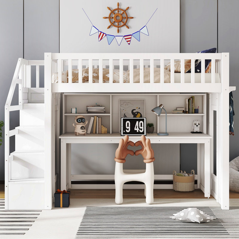 Lit mezzanine avec bureau mobile et escalier de rangement, combinant dormir, étudier et organiser dans un design compact