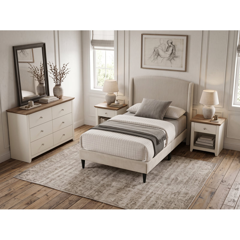 Ensemble de chambre à coucher Mitchell 4 pièces, Beige / ivoire / chêne noueux, 4 Pcs: Bed, Dresser, 2 Nightstands, Twin