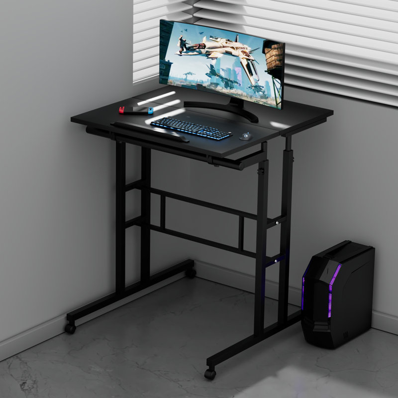 Adjustable Rolling Computer Desk Mobile Tiltable Laptop Tray with Shelf, Black