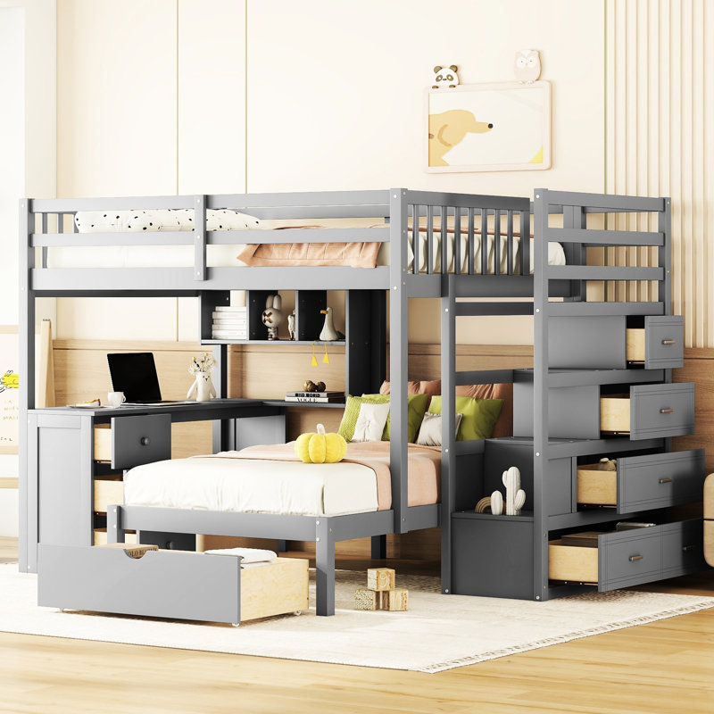 Lit superposé gris avec rangement au-dessus de simple, bureau et rangement fonctionnel, tiroirs et tablettes pour la vie organisée