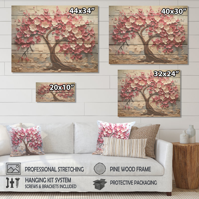 Pink And White Orchid Branches Tree II - Tree On Wood Print, 10" H x 20" W x 0.78" D