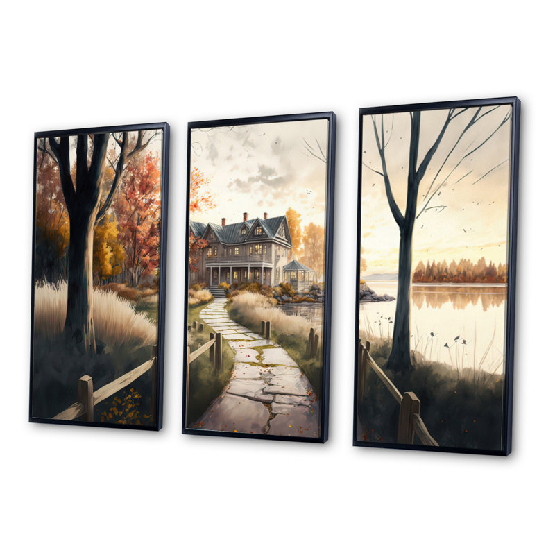 Charmante cabane et sentier I - 3 pièces sur toile, Cadre noir, H 28 po x l 36 po x P 1 po