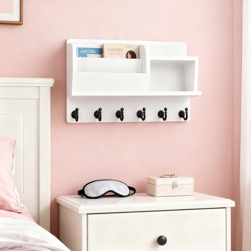 Porte-clés mural et organisateur de courrier avec 6 crochets, fentes pour courrier à 3 niveaux et double tablette pour le rangement du vestibule et l'organisation à la maison