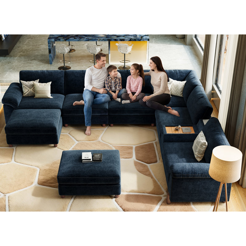Canapé modulaire en V à 8 places avec console de chargement polyvalente, porte-gobelets et housses lavables, chenille bleu marine