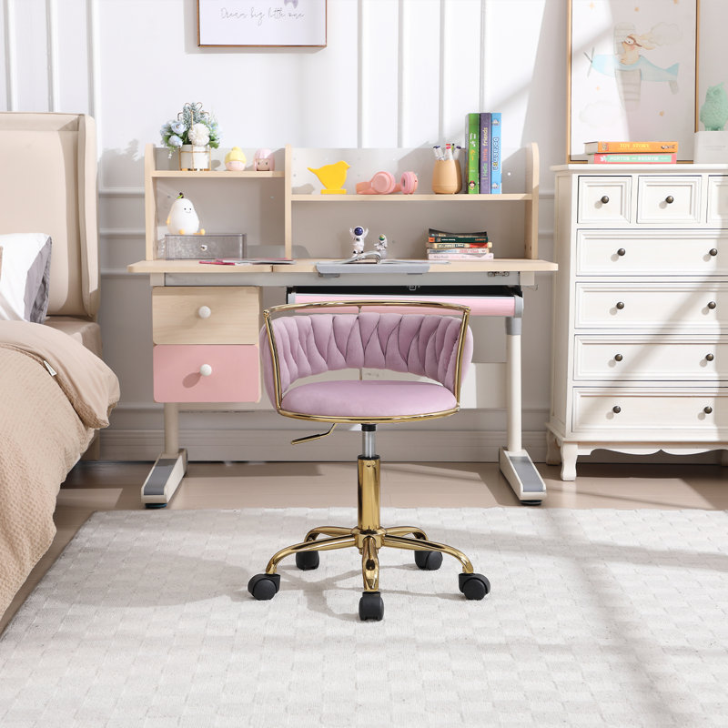 Kids' Swivel Desk Chair With Adjustable Height - Rolling Star Base & Woven Back - Golden Metal Study Chair, Purple