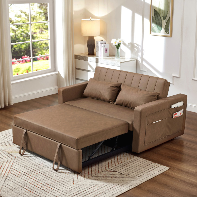55'' Leather Small Loveseat Pull-out Sofa Bed - Adjustable Backrest With 2 Soft Pillows, Brown