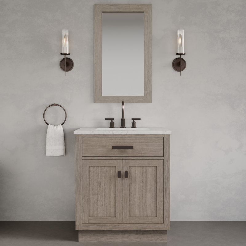 Chestnut 30" Carrara White Marble Countertop Bath Vanity with Mirror, Gray Oak