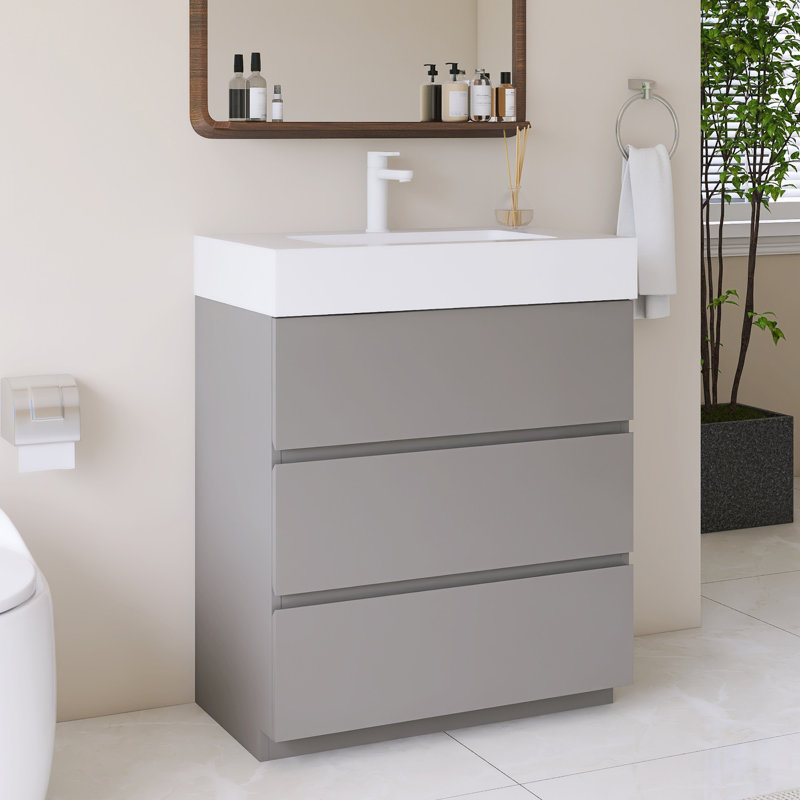 Meuble-lavabo simple autoportant 30 po avec lavabo blanc uni, Gris, 30", Blanc