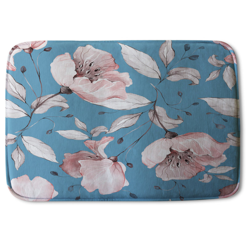 Akelah Memory Foam Non-Slip Bath Rug, Pink/Blue Floral 10