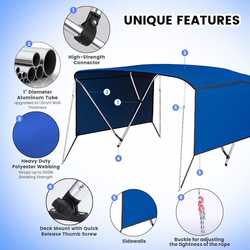 L 6 po x 79 à 84 po x 46 po à panneaux latéraux amovibles avec auvent à 3 arceaux pour bateau Bimini bleu, poteaux de support réglables en toile marine robuste