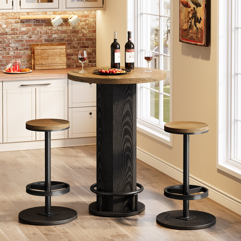 Ensemble de table de bar ronde, bar maison de ferme avec 2 tabourets de bar, Brown /Black