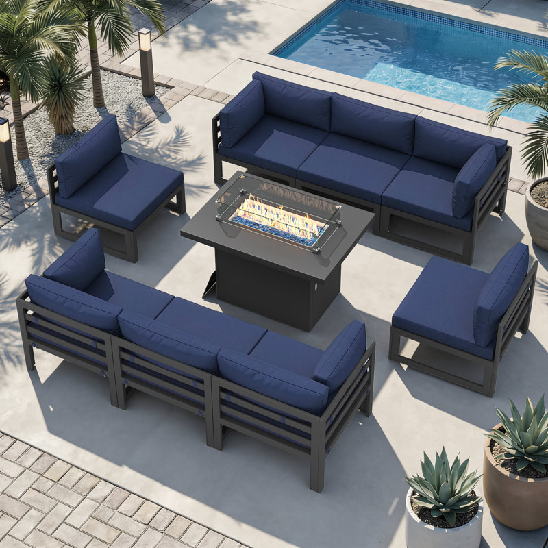 Anevaeh 8-Person Outdoor Patio All-Aluminum Sectional Conversation Set with Fire Pit Table and Cushions, Navy