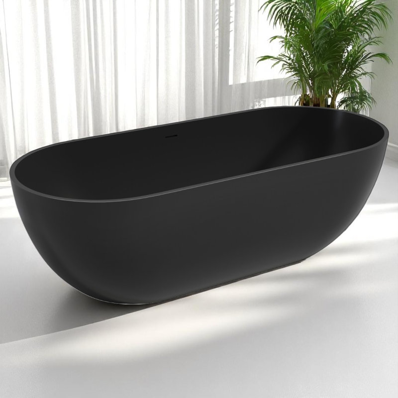 69" x 29.5" Solid Surface Stone Resin Freestanding Soaking Bathtub, Matte Black