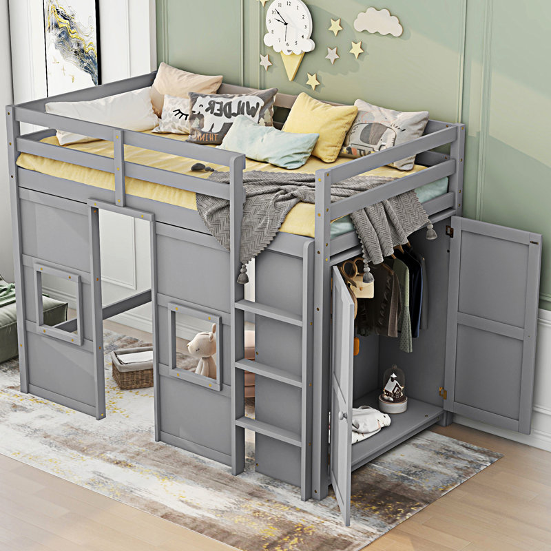 Lit mezzanine en bois avec garde-robe de rangement intégré et 2 fenêtres, Gris