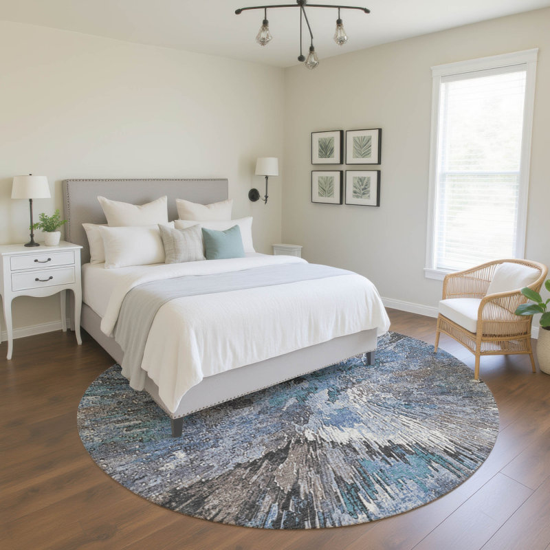 Premium Machine Washable Mayfield AMF2283 Abstract Rug, Denim, 8' Round