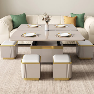 47.24”Modern Lift Top Coffee Table with 4 Stools, 3 in 1 Multi-Function Center Table,Extendable Dining Table for Living Room