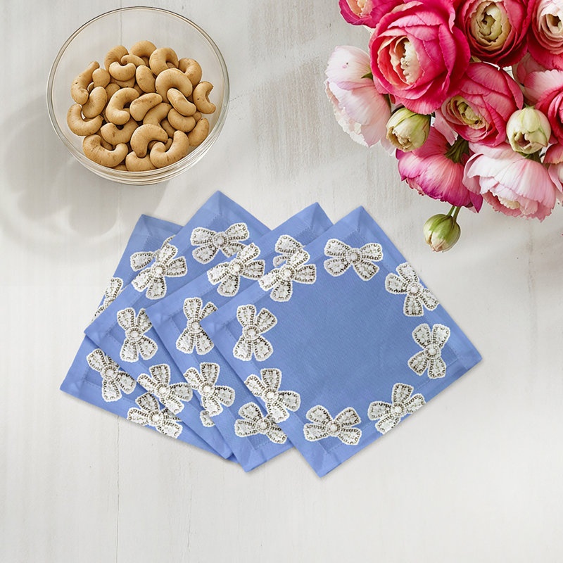 Pearl Bow Cotton Sateen Cocktail Napkins, Blue