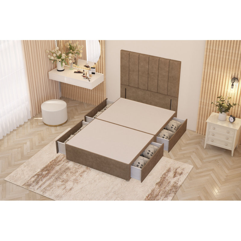Asterin Divan Bed Base with 54" Floor Standing Headboard Plush Velvet, 4 Drawers, Beige, Super King (6')