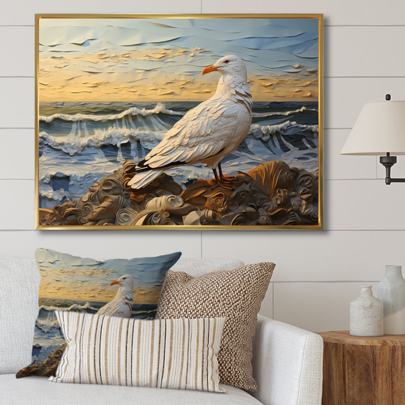 Seagull Soar Over Sea II, reproduction d'art sur toile, Cadre flottant doré, H 30 po x l 40 po