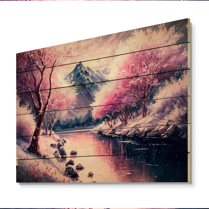 Paysage d'hiver en beauté en rose magenta et bleu I - impression de forêt sur bois, H 16 po x l 32 po x P 1 po