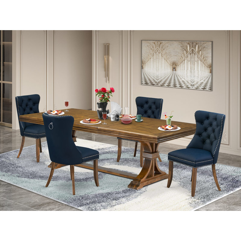 Cet ensemble de salle à manger moderne 5 pièces comprend une table de cuisine rectangulaire et 4 chaises de salle à manger en tissu de polyester bleu marine, noyer antique
