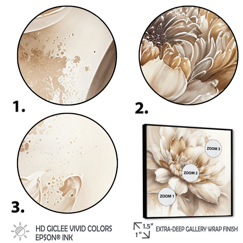 Simple fleur beige III - art mural floral, H 16 po x l 16 po x P 1 po, Cadre flottant noir