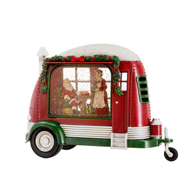 11.3X4.4X8"H Christmas Plastic/Resin Camper With Mr & Mrs Santa Tea Time Led/Water Spinning/2 Way Switch, 3*AA Required