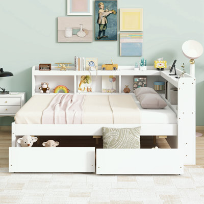 Full Size Bookcases Bed with Power Outlets, USB Charging Ports and Two Drawers