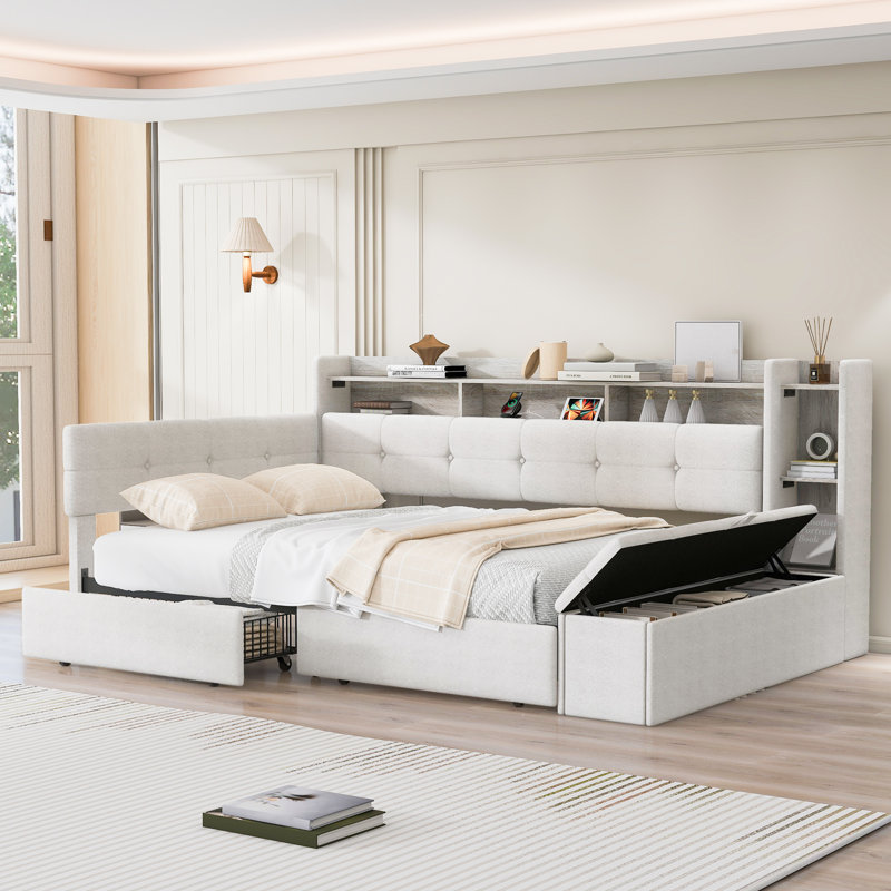 Twin Size Modern Upholstered Daybed with Storage Drawers, Footstool, LED Lighting & USB Ports,Beige, Beige, Twin