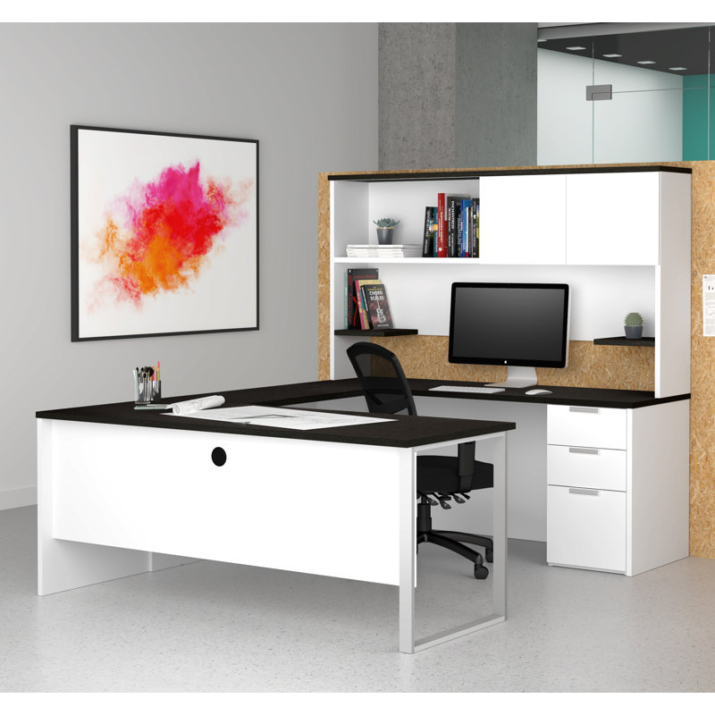 Bureau de direction en U avec huche réversible Glidden, Blanc