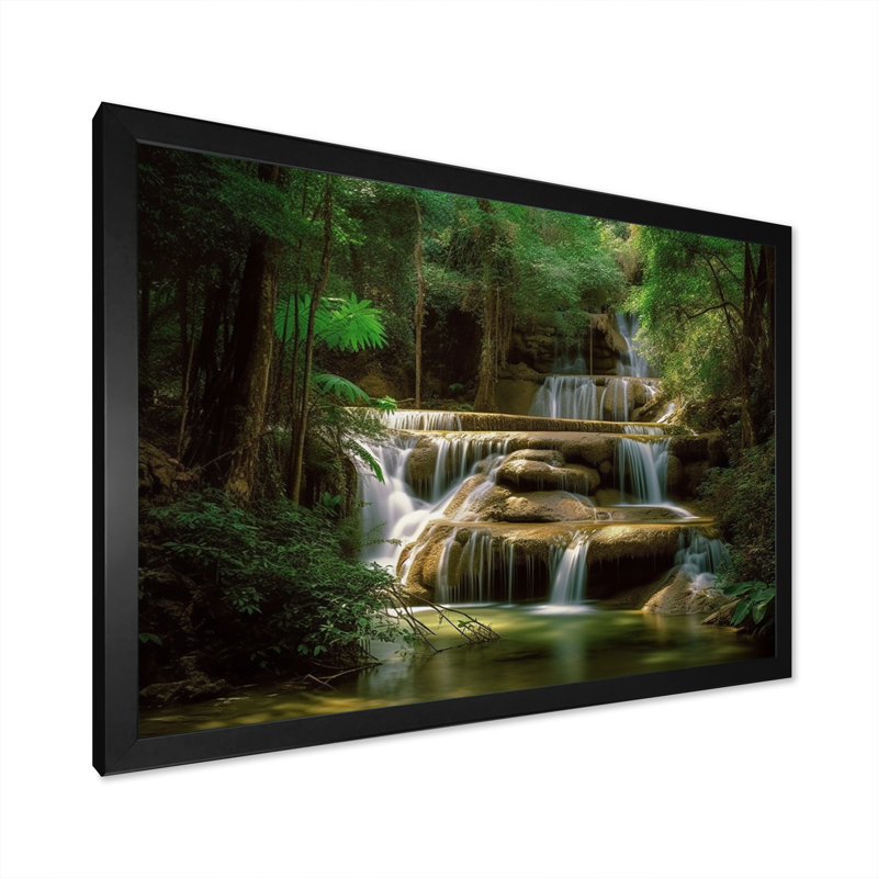 «Waterfall In Dense Forest I», reproduction sur toile, Cadre simple noir, H 12 po x l 20 po x P 1 po