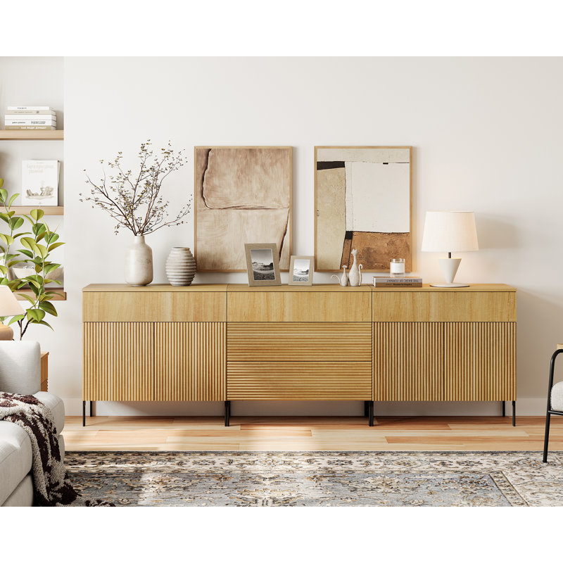 94.5" Reeded Accent Cabinet Set With Doors And Drawers, Modern Credenza Storage Cabinet With Metal Legs For Living Room, Kitchen, Dining Room, Hallway