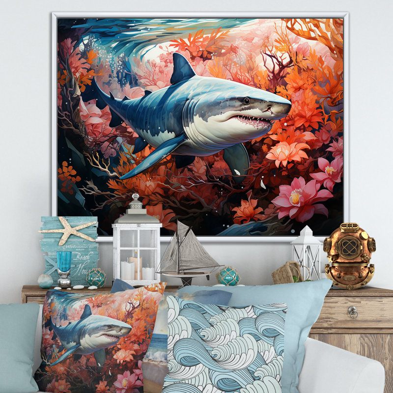 " Lemon Shark Encounter Landscape ", White Floater Framed, 34" H x 44" W x 1.5" D