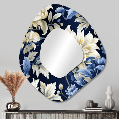 Astral bleu blanc damassé Radiance IV - miroir décoratif de forme unique damassé, miroir mural asymétrique blanc, impression d'art en métal
