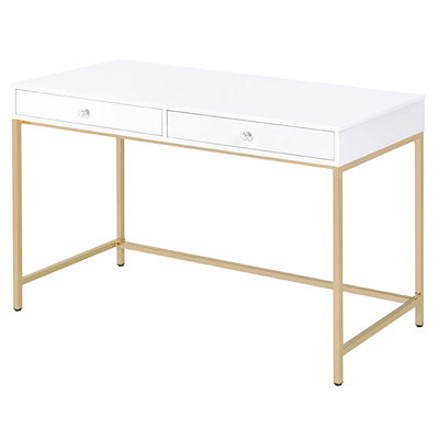 Bureau blanc brillant et doré avec base en métal élégante de forme rectangulaire