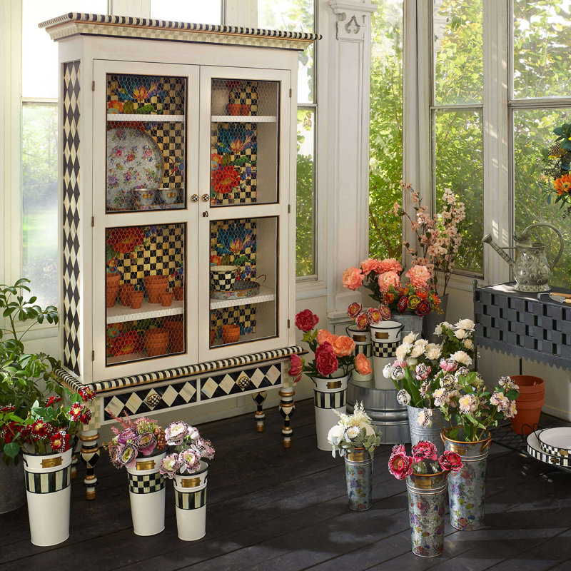 Hand-Painted Floral and Checkered Solid Wood Cabinet