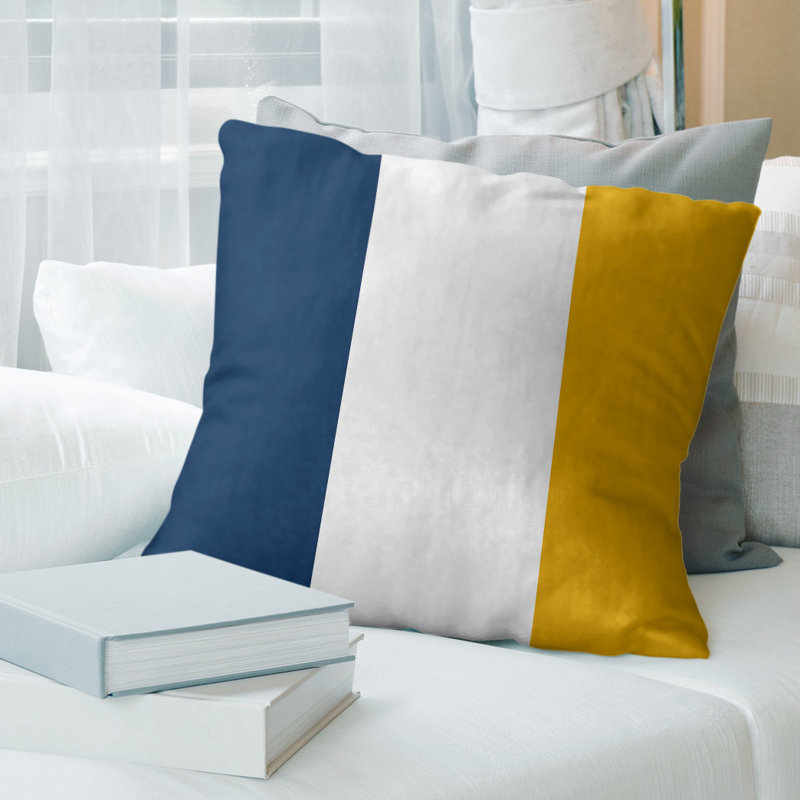 Leather/Suede Reversible Throw Pillow, 20" x 20", Blue/White/Yellow
