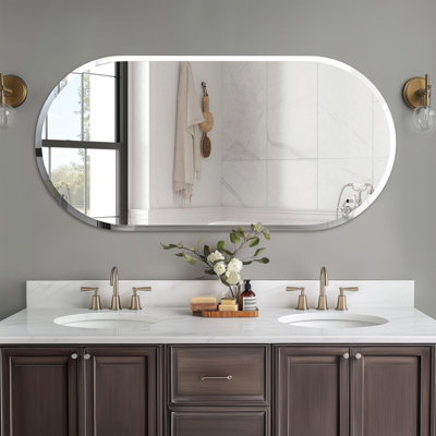 Long Oval Wall Hanging Glass Mirror With Beveled Edge Vanity Mirror For Bathroom
