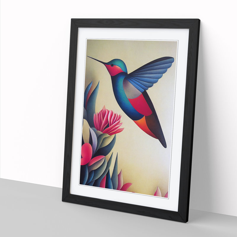 Aalke Hummingbird Retro Art - Picture Frame Print, Black, 64cm H x 46cm W x 2cm D