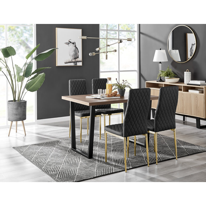 Edward Wood Effect Pedestal Dining Table Set with 4 Luxury Faux Leather Dining Chairs, Black