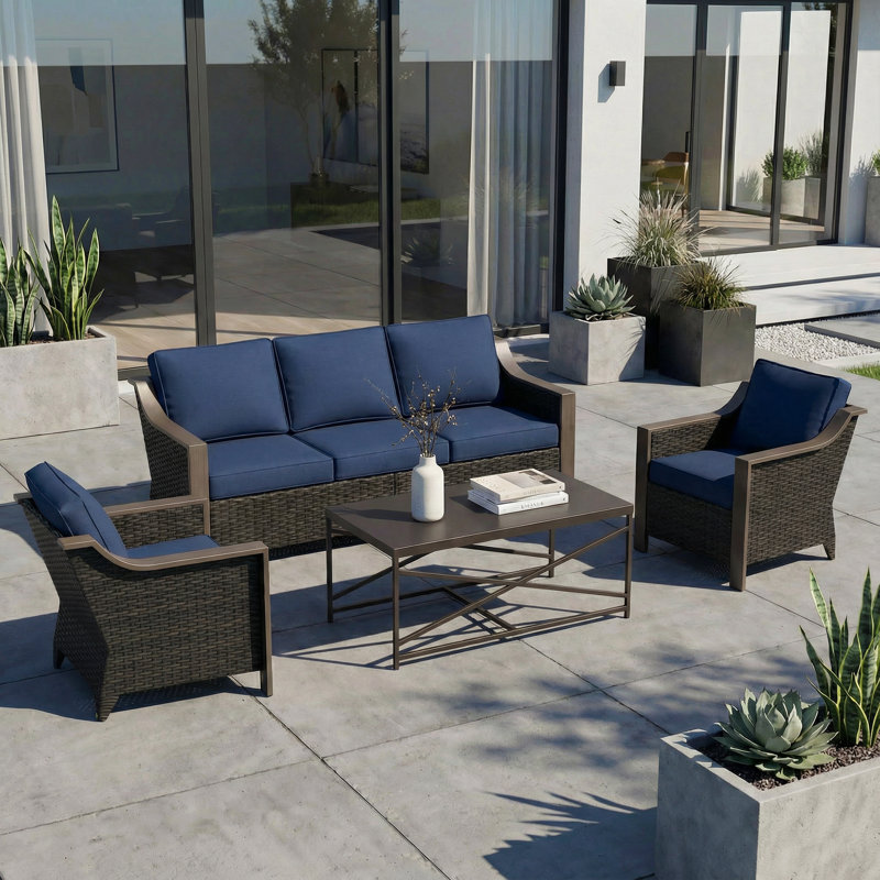 4-Piece Patio PE Wicker Conversation Set with Metal Coffee Table, 3-Seat Sofa, Chairs & Blue Cushions, Blue