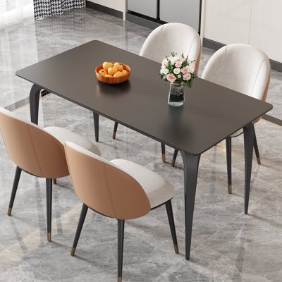 Matte Black Sintered Stone Dining Table,55""x28""Slate Table Top and Metal Legs -  George Oliver, 670196AC8D34484AB78AECD39810AF57