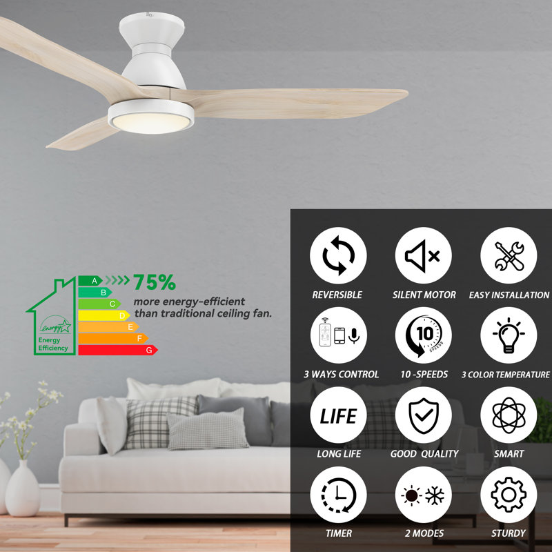 Ventilateur de plafond à moteur à courant continu de 52 po avec lumières DEL et télécommande, Bois d'érable blanc