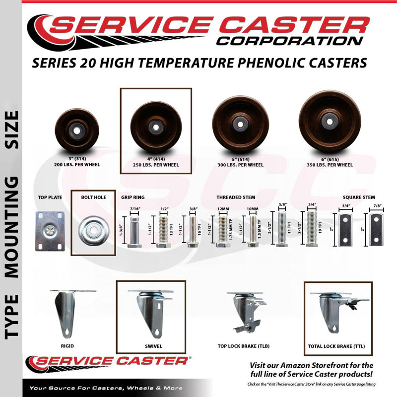 4 Inch High Temp Phenolic Swivel Bolt Hole Caster Set with Total Lock Brake SCC