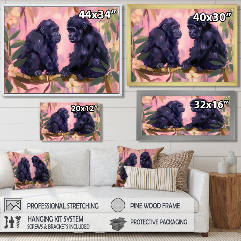 «Black Pink Gorillas Floral Jungle Love II», impression d'art mural Gorillawall, Cadre flottant brun, H 34 po x l 44 po