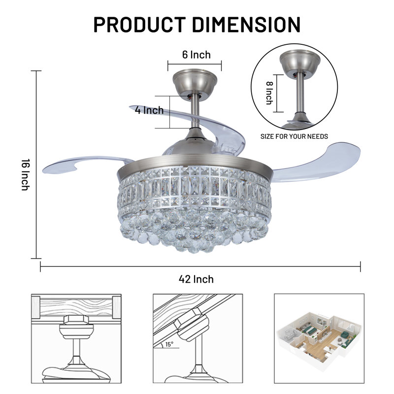 42" LED Crystal Ceiling Fan With Remote Control And Light Kit Included