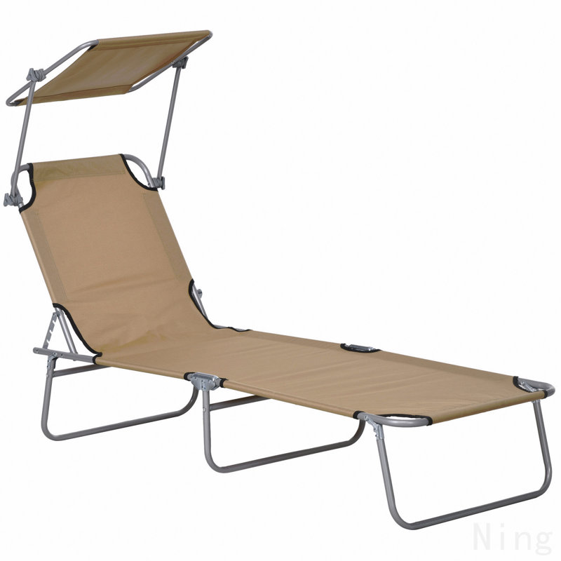 Outdoor Lounge Chair, Adjustable Folding Chaise Lounge, Tanning Chair With Sun Shade For Beach, Camping, Hiking, Backyard, Tan