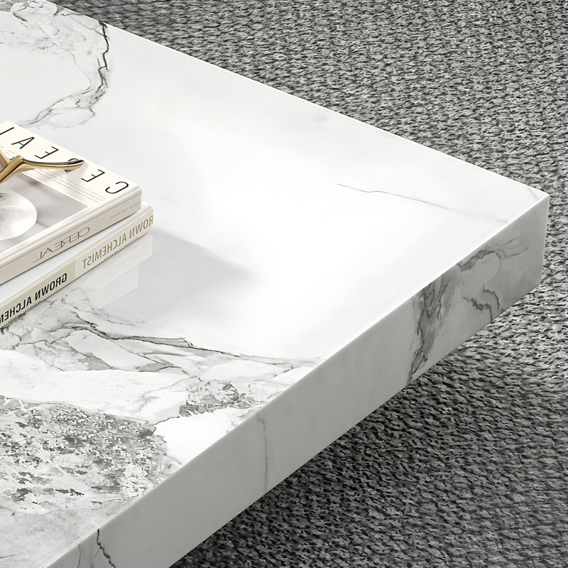 Oversized 47.24" Square Coffee Table, Modern Marble-Style Coffee Table with Built-in Tray, Low Profile Center Table for Living Room, White & Gold Accent Cocktail Table, Easy Assembly